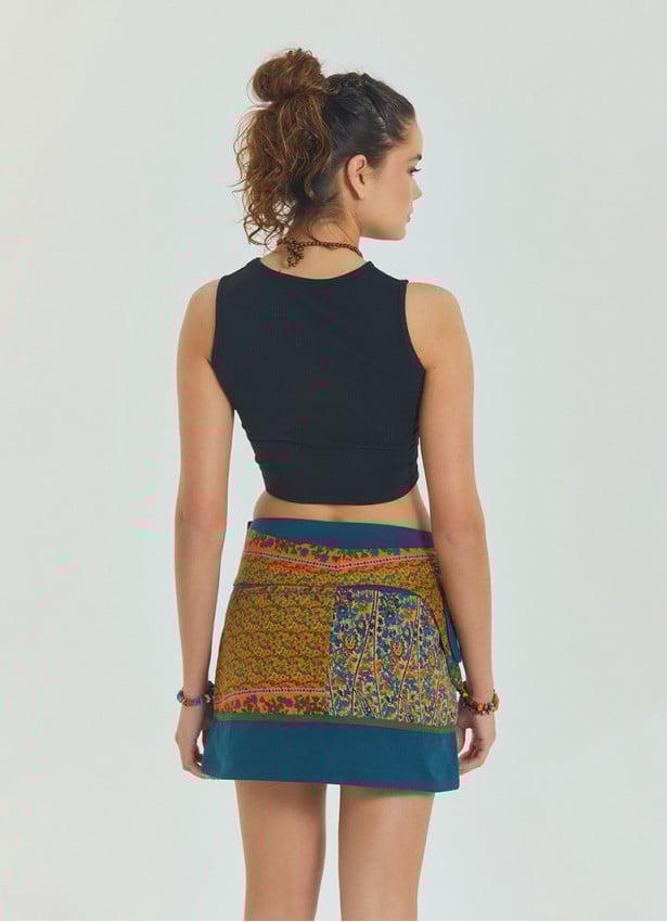 Snap Closure Pocket Patchwork Wrapped Petrol Floral Skirt 4687